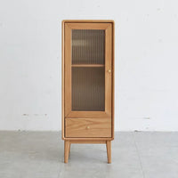 Solid Oak Wood Storage Cabinet, Free-Standing Corner Cabinets Storage Table with Vintage Glass Door, 2 Shelves,1 Drawers and Brass Handle for Living Room Entryway Kitchen Hallway TV Stand
