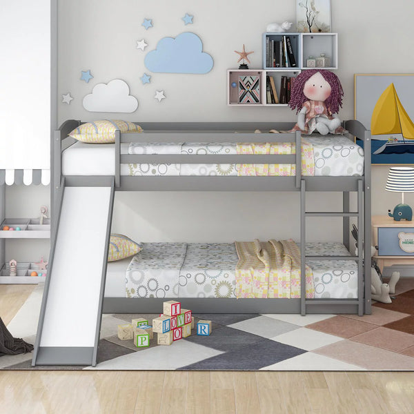 Bunk Bed with Convertible Slide for Kids Teens, Twin Over Twin Floor Bunk Bed with Ladder for Kids Bedroom, Wood Low Bunk Bed Frame No Box Spring Required, Gray, 79.2" L x 83.4" W x 49.2" H