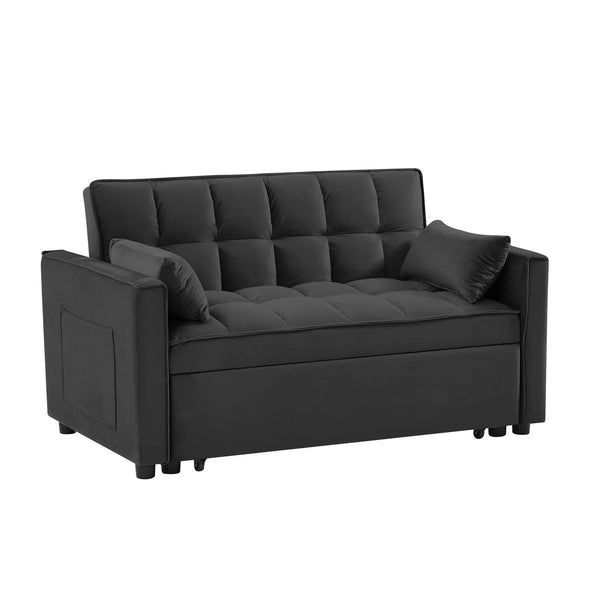 55" Velvet Pull Out Sofa Bed, Loveseat Futon Sofa Couch with 3 Levels Adjustable Backrest, Side Pockets and 2 Pillows, 3 in 1 Convertible Sleeper Sofa Bed for Small Space Living Room, Black