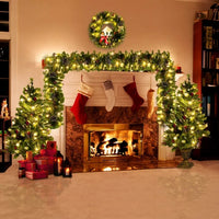 Pre-lit Artificial Xmas Tree Christmas 4-Piece Set, Christmas Garland, Wreath and Set of 2 Entrance Trees X-mas with LED Lights, Christmas Tree Celebrating Set, for Home Front Door, Porch, Green