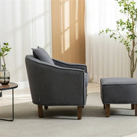 Accent Chair with Ottoman, Mid Century Modern Barrel Chair, Upholstered Armchair with Footstool and Pillow Club Tub Round Arms Chair with Wood Legs for Living Room, Bedroom, Office, Lounge, Dark Gray