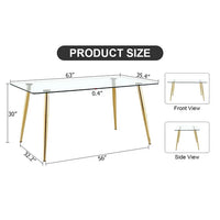 63" Glass Dining Table for 4-6 People, Modern Rectangular Glass Kitchen Table with Golden Legs, Small Dining Room Table for Living Room, 300lbs Capacity