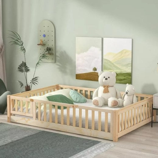 Full Floor Bed Frame for Toddler, Montessori Floor Bed with Fence and Wood Slats, Low Wood Platform Beds for Girls Boys Kids Happy Time,Natural