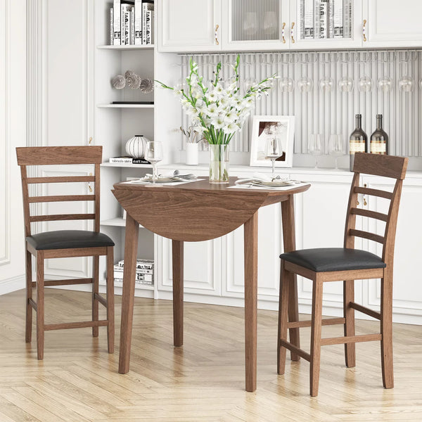 Drop-Leaf Dining Table Set of 3, Round Counter Height Drop-Leaf Table with 2 Upholstered Chairs, Rubber Wood Dining Table Set Pub Set with PU leather Cushion for Small Space Kitchen