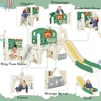 7 in 1 Kids Slide for Toddlers Age 1+, Freestanding Castle Climbing Slide Set with Slide, Arch Tunnel, Climber, Ring Toss, Basketball Hoop, Telescope and Storage Space, Indoor Outdoor Playset, Green