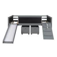 Low Loft Bed with Slide and Two Storage Boxes, Chalkboard, Wood Twin Size Loft Bed with Climbing Frame and Rope (Gray, Loft Bed)