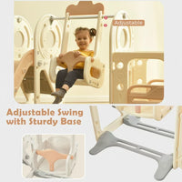 Slide and Swing Set, Toddler Slide Swing Set with Bus Play Structure, Freestanding Slide Set with Climber and Basketball Hoop, Toddler Playground Indoor Outdoor (Beige)