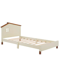 3-Pieces Bedroom Sets, Twin Size Platform Bed Nightstand and Rotating Storage Shelf for Kids Teens, Wooden Bedroom Furniture Set with Twin Bed, One Nightstands, One 4 Layers Bookhelf, Cream+Walnut