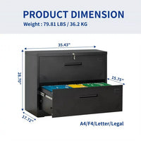 Lateral Filing Cabinet with 2 Drawers, Large Deep Drawers Locked by Keys, Wide Lockable File Cabinet, Metal Steel, Easy to Assenble for Home Office, Black