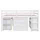 Full Size Loft Bed with Pull-out Desk, Wood Low Loft Bed with 3 Storage Drawers and 2-Tier Shelves, Storage Bed Frame with Ladder and Full-length Guardrails for Kids Teens Bedroom, White