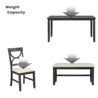 Dining Table Set, 6-Piece Wood Kitchen Table Set with Upholstered Bench and 4 Dining Chairs, Farmhouse Style Dining Room Set, Solid Wood Kitchen Dining Room Set for 4-6 Persons, Rustic Style, Gray