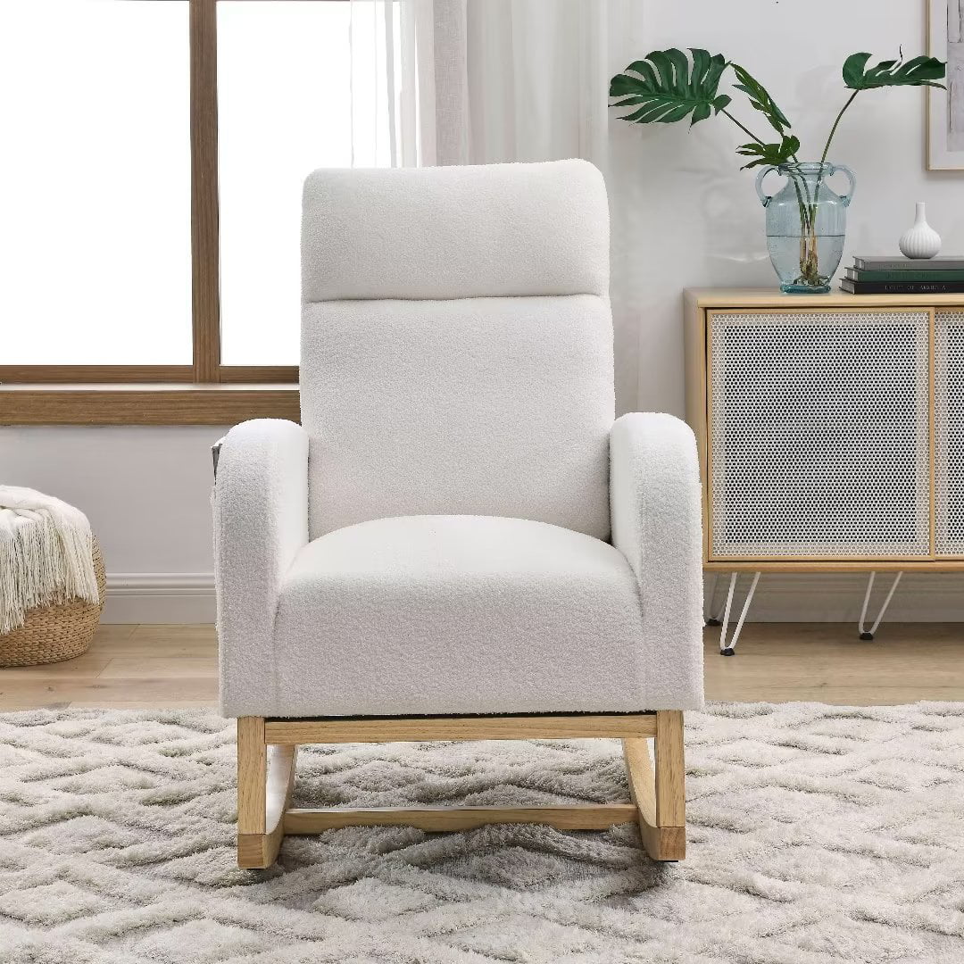 Accent Chair, Rocking Chair with Two Side Pocket, Modern Upholstered High Back Glider Rocking Chair Armchair, Comfy Lounge Chair for Side Living Room Bedroom Studio Leisure Office, White Teddy