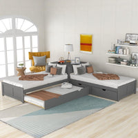 L-shaped Platform Bed with Trundle and Drawers, 3 Twin Beds in One with Built-in Desk for Kids Teens Bedroom, No Box Spring Needed, Gray