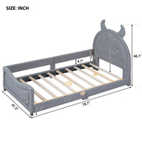 Lovely Teddy Fleece Twin Size Bed, Bed Frame with Side Fense, OX Horn Shaped Headboard, Upholstered Bed Frame of High Load-Bearing Capacity, Noise-Free, Gray