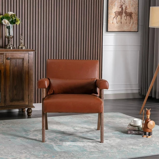Accent Chair, Modern Upholstered Armchair with KD Rubber Wood Legs, Lounge Reading Chair with Lumbar Pillow, for Living Room Bedroom, Brown