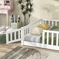 Full Size Floor Bed for Toddlers and Kids, Solid Wood Montessori Floor Bed with Safety Fence Rail and Small Door, Durable Montessori Bed Frame with Sturdy Slats Support for Boys and Girls, White