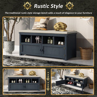 3-Tier Two-Door Shoe Storage Bench, Shoe Rack with Linen Upholstered Top Cushion, Pine Wood Frame, Large Space Cabinets for Entryway Hallway, Antique Navy