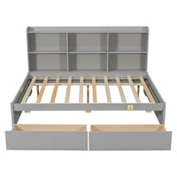 Full Daybed with Storage Bookcase, Wood Platform Bed with 2 Drawers on Casters, Full Sofa Bed Frame for Kids Girls Boys, No Box Spring Needed, 250 lbs Weight Capacity, Gray