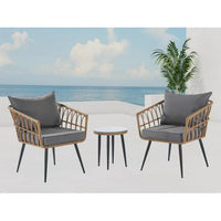3 Piece Patio Bistro Set, Outdoor Bistro Furniture Set with 2 PE Rattan Arm Chairs and Glass Top Side Table Patio Conversation Bistro Set for Porch, Outdoor, Backyard, Apartment, Balcony, Dark Gray