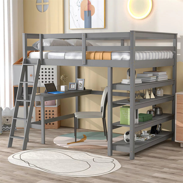 Full Size Loft Bed with Desk and Storage Shelves,Wooden High Loft Bed Frame with Ladder and Bookshelf for Dorm,Kids Adults Boys Girls Teens,Gray