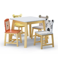 5 Piece Kiddy Table and Chair Set,Kids Cartoon Animals Table with 4 Chairs Set,Wooden Children Furniture Set for Playroom Kindergarten