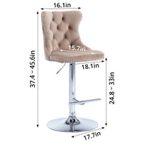 Swivel Velvet Barstools Set of 2, Upholstered Bar Stools with Backs Comfortable Tufted & Nailheads, 25-33'' Height Adjustable Counter Height Bar Chairs Seat for Home Pub Kitchen Island, khaki + Sliver