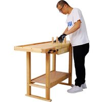 55" Solid Wood Workbench with 1 Drawer and Lower Shelf, Multi-Function Workbench for Garage, Woodworking Carpenter Workshop