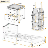 3-Pieces Bedroom Sets, Twin Size Platform Bed Nightstand and Rotating Storage Shelf for Kids Teens, Wooden Bedroom Furniture Set with Twin Bed, One Nightstands, One 4 Layers Bookhelf, Cream+Walnut