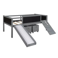 Low Loft Bed with Slide and Two Storage Boxes, Chalkboard, Wood Twin Size Loft Bed with Climbing Frame and Rope (Gray, Loft Bed)