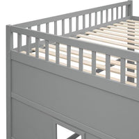 Full Size Loft Bed with Windows and Door, Solid Wood Loft Bed Frame with Ladder and Safety Guardrails House Loft Bed for Kids Boys Girls, No Box Spring Needed, Gray