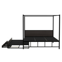 Queen Size Canopy Bed with Twin Size Trundle and 3 Drawers, Metal Canopy Platform Bed with Headboard and Slats Support, 4-Poster Canopy Bed for Kids Teens Adults, Black