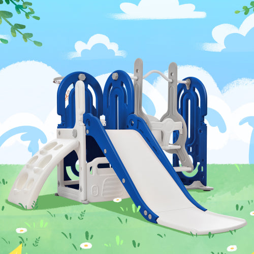 5 in 1 Toddler Swing and Slide Set with Climber, Kids Playground Climber Slide Playset with Safety Belt, Armrest, Basketball Hoop, High Adjustable Baby Swing Set for Indoor Outdoor Backyard, Blue