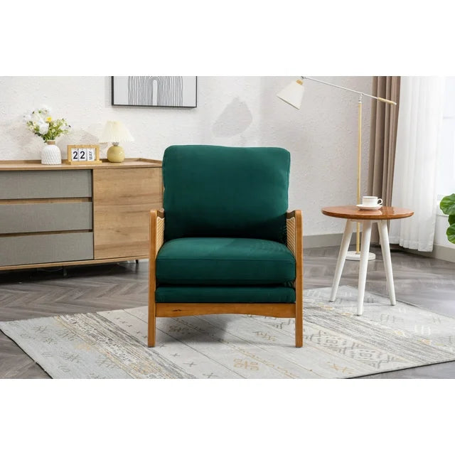 Accent Chair, Mid-Century Modern Arm Chair with Solid Wood Armrests and Legs, Upholstered Velvet Lounge Chair with Thick Backrest and Seat Cushion for Living Room Bedroom Balcony Studio, Green