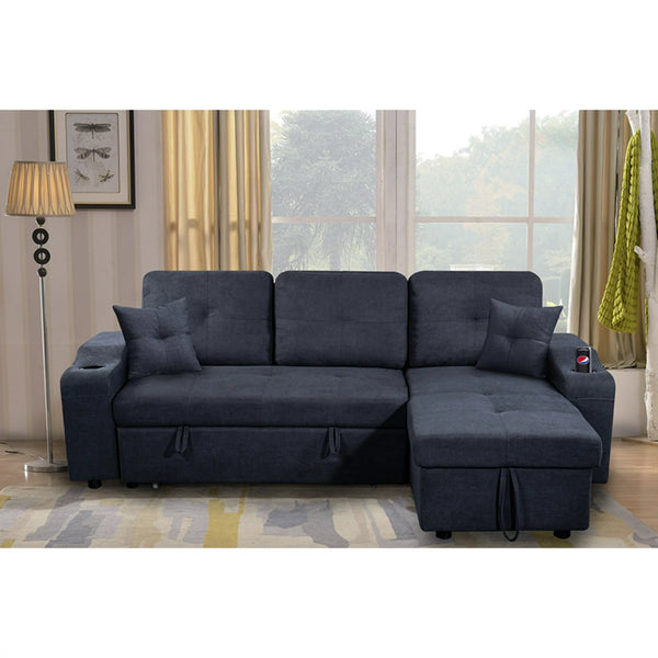 Convertible Sectional Sofa with Pull-Out Sleeper Bed and Storage Chaise, 92" Modern L-Shaped UpholsteredCouch with 2 Pillows and 2 Side Pockets and 2 Cup Holders for Living Room Apartment, Dark Grey
