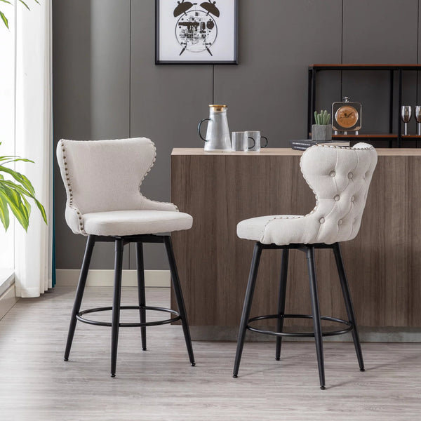 Set of 2 Bar Chairs, Modern Counter Height Bar Stools with Metal Legs and Padded Backrest, 37.4 Inch Height Linen Upholstered Dining Chairs for Living Room Dining Room Office, Beige