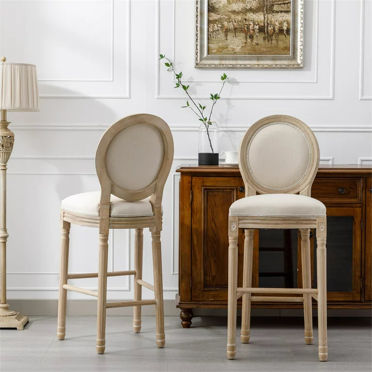 Bar Stools Set of 2,French Country Tall Wooden Barstools,Armless Stool Chairs with Upholstered Seat and Back,Solid Wood Frame Chairs with Footstand,Beige and Natural