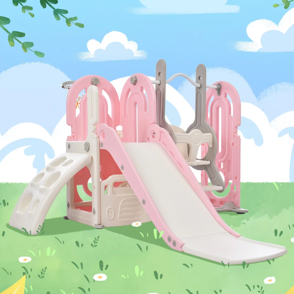 5 in 1 Toddler Swing and Slide Set with Climber, Kids Playground Climber Slide Playset with Safety Belt, Armrest, Basketball Hoop, High Adjustable Baby Swing Set for Indoor Outdoor Backyard, Pink