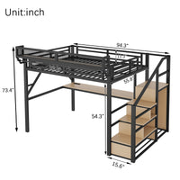 Triple Tree Full Loft Bed with Desk and Charging Station, Full Size Metal Loft Bed with Stairs and Light for Kids Teens, Black
