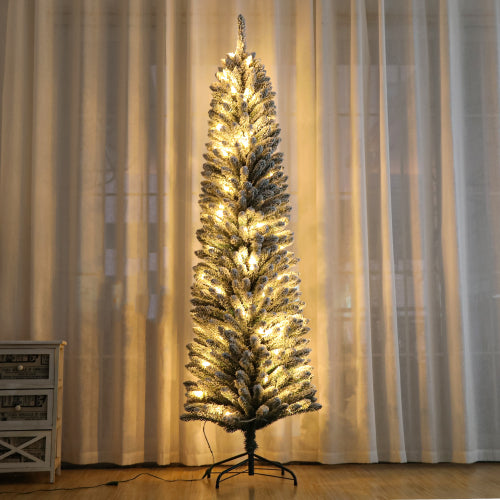 7FT Prelit Snow Flocked Artificial Pencil Christmas Tree, Xmas Tree with 150 LED UL Plug Warm Lights 570 Branch, Artificial Slim Xmas Tree Indoor Outdoor Home Decor Holiday, Green