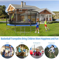 14FT Trampoline with Basketball Hoop & Balance Bar, Recreational Trampoline for Kids Teens Adults, Outdoor Trampoline with Enclosure Net & Ladder for Backyard Garden