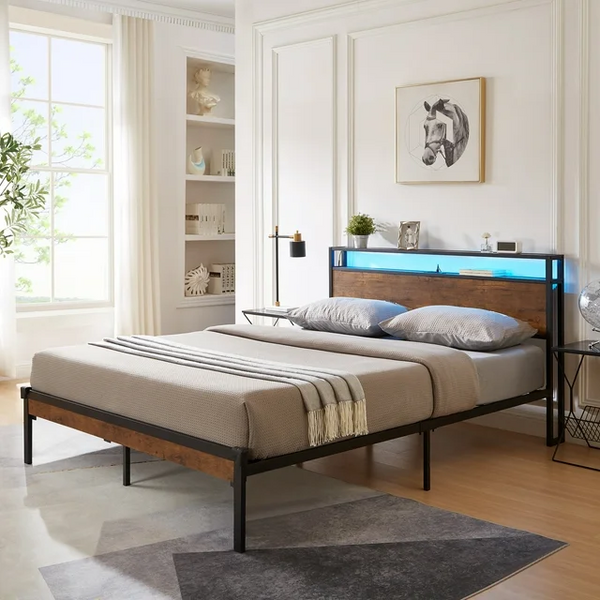 King Bed Frame with LED Lights and USB Liner Industrial Bed Frame with 2 Tier Headboard Platform Bed with Under-Bed Storage, Noise-Free/Metal Slats Support/No Box Spring Needed, Brown
