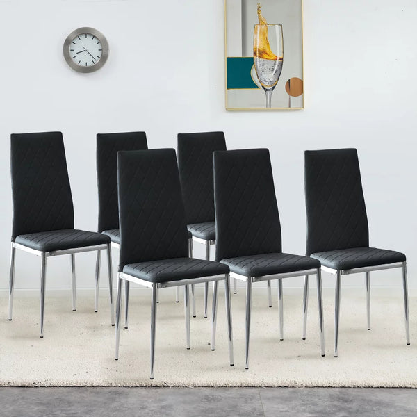 Dining Chairs Set of 6,Faux Leather Armless High Back Kitchen Chairs,Grid Shaped Dining Room Chairs with Metal Legs,Upholstered Dinner Chairs,Side Chair for Dining Room,Kitchen,Hotel,Black