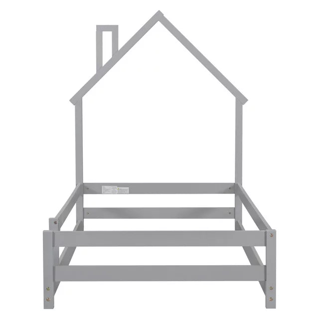 Twin Size Floor Bed, Wooden Montessori Bed Fence Bed with House Shape Headboard, Wood House Bed Platform Bed, for Boys Girls, Low to Ground Height, No Box Spring Needed, Grey