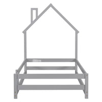 Twin Size Floor Bed, Wooden Montessori Bed Fence Bed with House Shape Headboard, Wood House Bed Platform Bed, for Boys Girls, Low to Ground Height, No Box Spring Needed, Grey