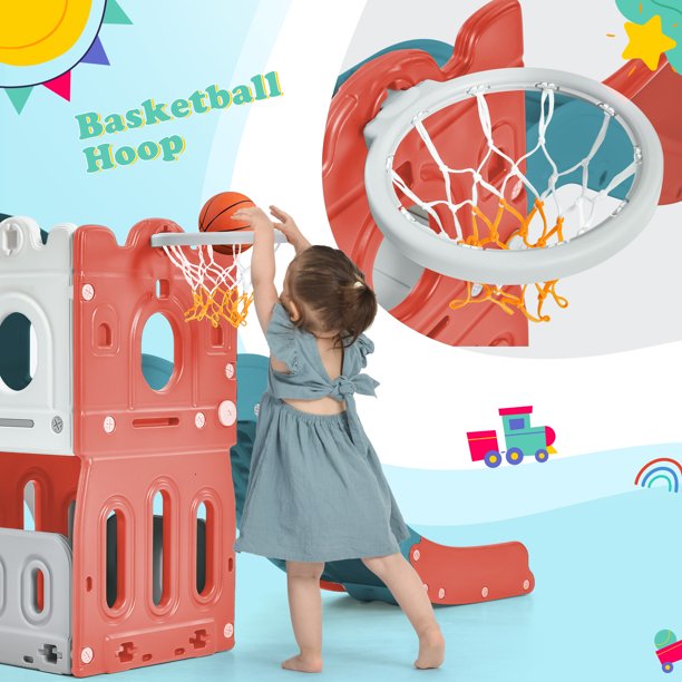 5 in 1 Toddler Slide Indoor Outdoor, Freestanding Castle Climber Playset with Slide and Basketball Hoop, Plastic Slides for Kids Toddlers Backyard Playground Activity with Toy Storage Organizer, Red