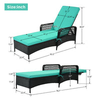 JINS&VICO Outdoor Patio Pool PE Rattan Chair, Wicker Sun Lounger with 6 Adjustable Angles Backrest, Set of 2 Lounge Chair with Armrest for Beach Garden Backyard, Black Wicker and Green Cushion
