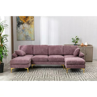 Convertible L-Shaped Sectional Sofa with Movable Ottoman, Upholstered Accent Sofa with 2 Pillows and Golden Metal Legs, Modular Sectional Couch Sets for Living Room Office Apartment, Purple