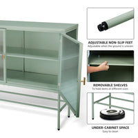 Retro Buffet Sideboard Storage Cabinet with Metal Frame & Fluted Glass Sideboard Buffet with Removable Shelves,Modern Console Table End Table Side Table for Kitchen Living Room Entryway,Mint Green