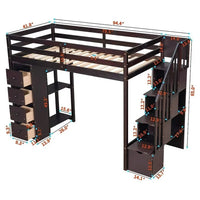 Twin Size Loft Bed with Storage Staircase, Wooden Twin Loft Bed Frame with Drawers and Shelves, Modern High Loft Bed, Multifunctional Twin Loft Bed, No Box Spring Needed, Express