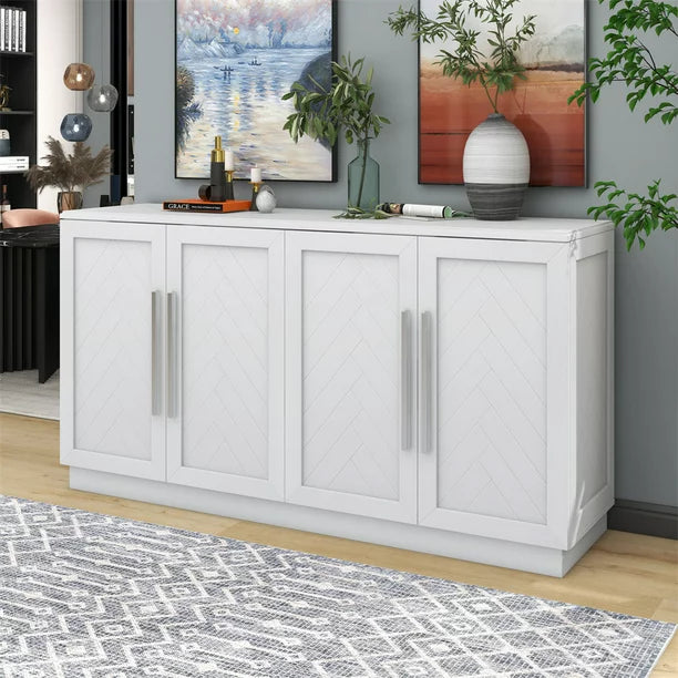 Buffet Sideboard with 4 Doors, 60" Wooden Storage Cabinet with Adjustable Shelves and Silver Handles Modern Console Table for Kitchen, Dining Room, Living Room (White)